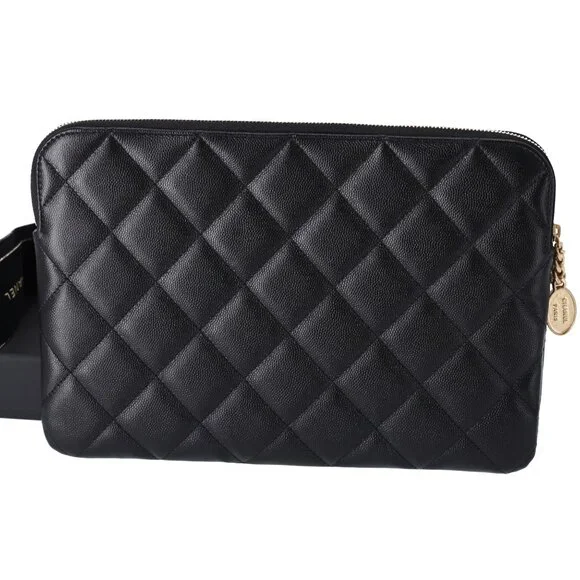 CHANEL Matelasse Clutch Bag Quilted Zip Pouch Black Caviar Leather Full Set - Picture 7 of 9